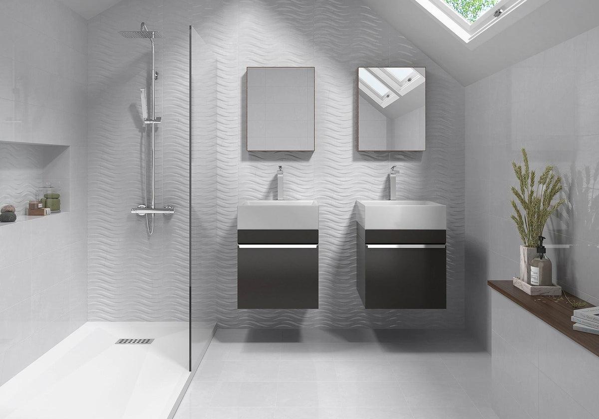 Contemporary bathroom design with white textured tile wall