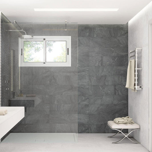 Black stone look marbled porcelain tiles for a modern shower