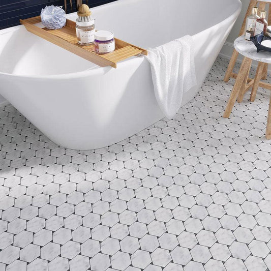 Geometric Bathroom Floor tile with Carrara Hexagon Tiles