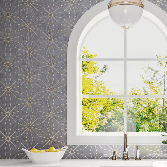  Wheel Deco Gray Marble and Brass Inlay Mosaic Kitchen Wall Tile