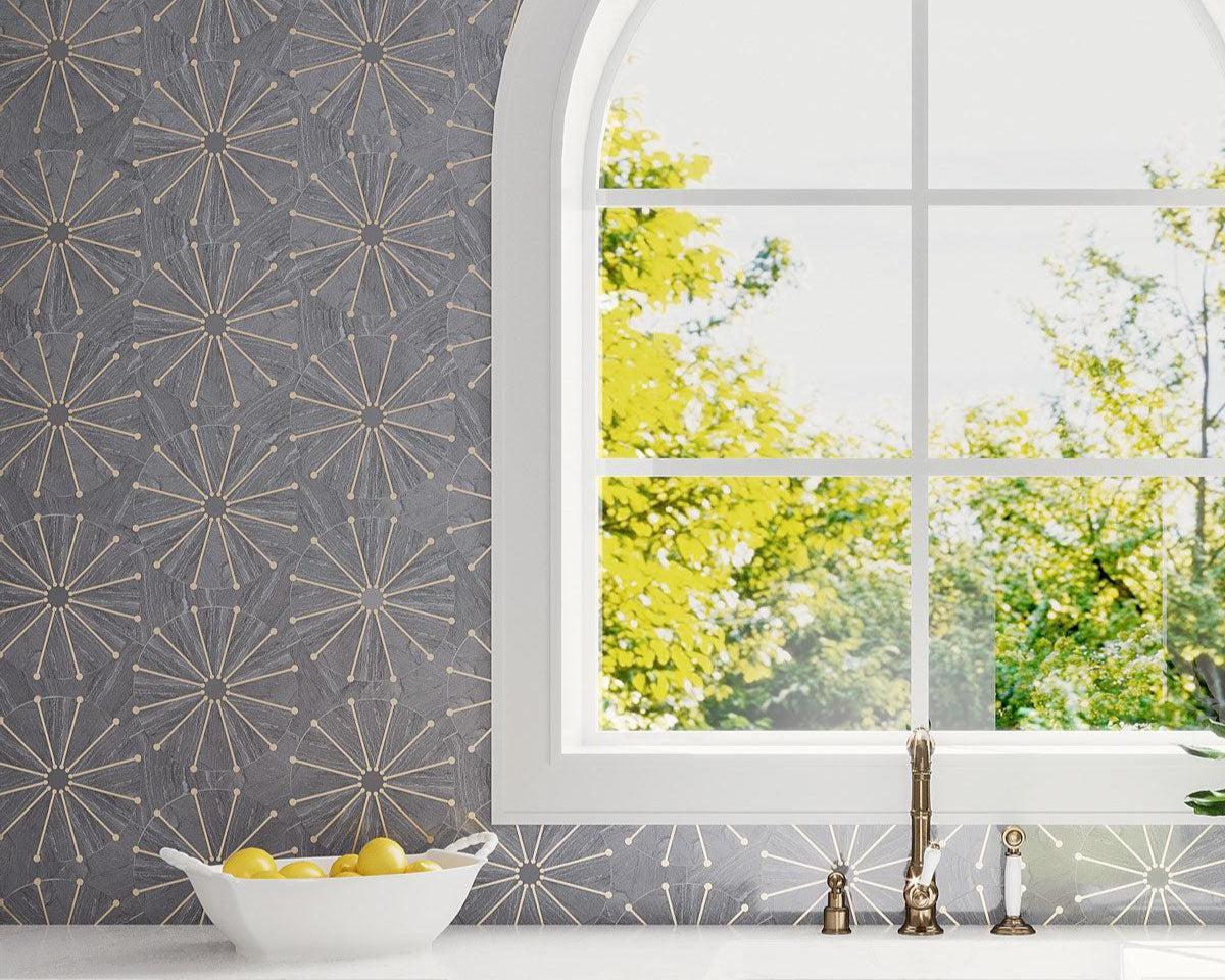  Wheel Deco Gray Marble and Brass Inlay Mosaic Kitchen Wall Tile