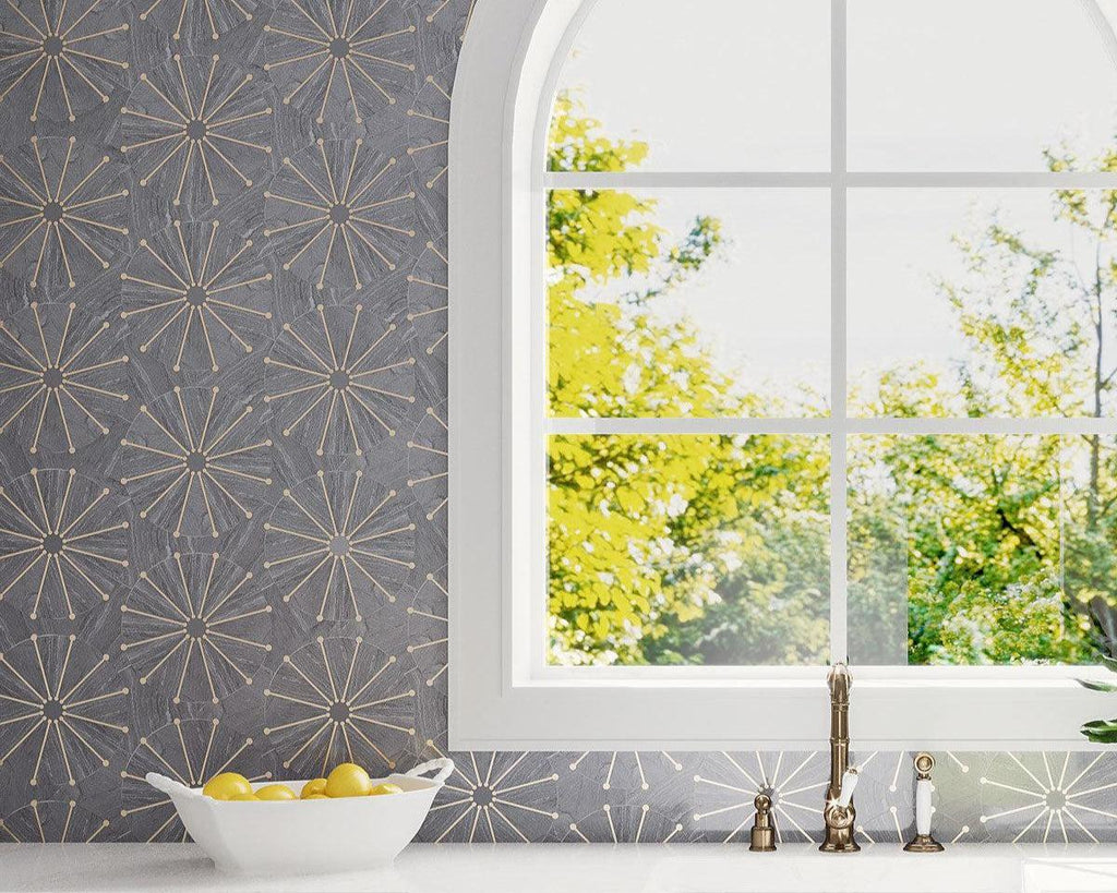  Wheel Deco Gray Marble and Brass Inlay Mosaic Kitchen Wall Tile