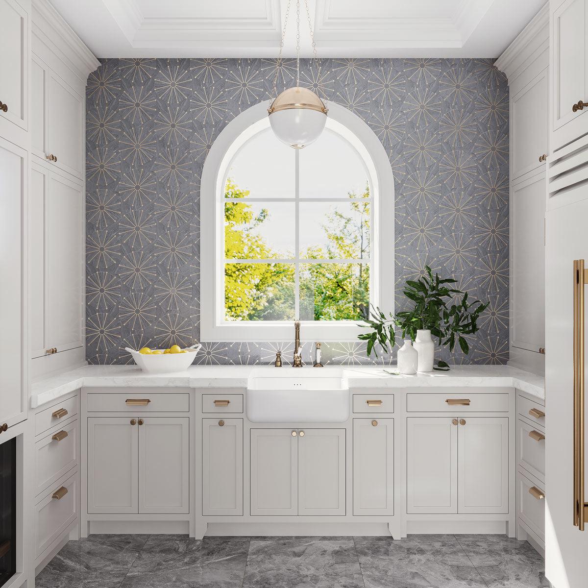 White Kitchen with Gray Marble and Brass Art Deco Tile Backsplash