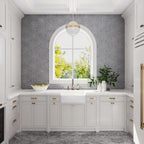 White Kitchen with Gray Marble and Brass Art Deco Tile Backsplash