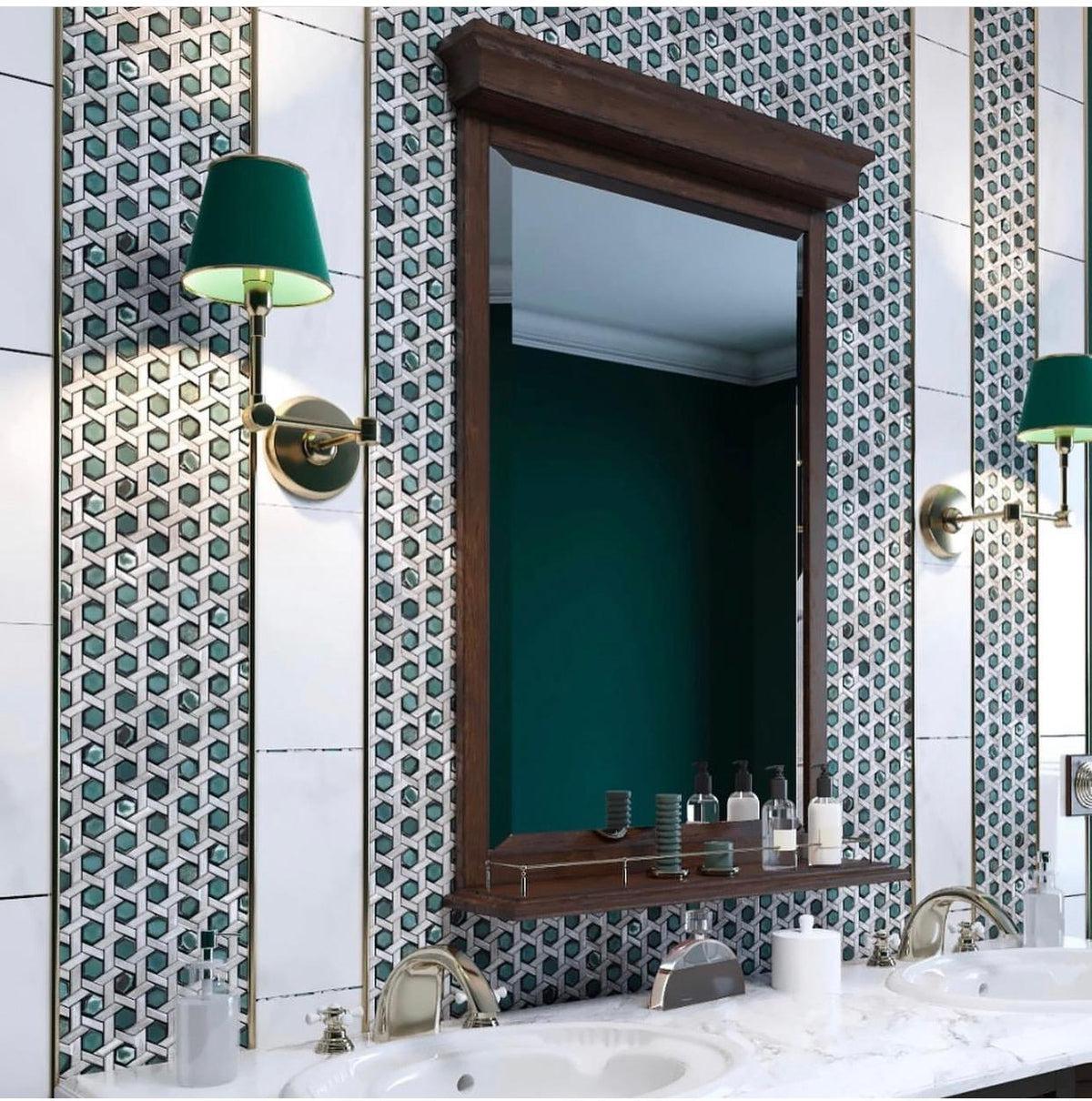 Bathroom Vanity Backsplash with White Emerald Green Hexagon Glass Mosaic Tile