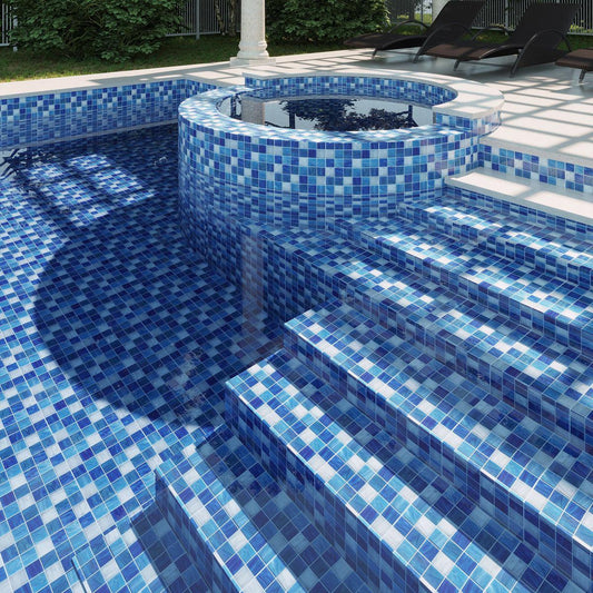 Swimming Pool Design with Waikiki Beach Blue Mixed Squares Glass Tile