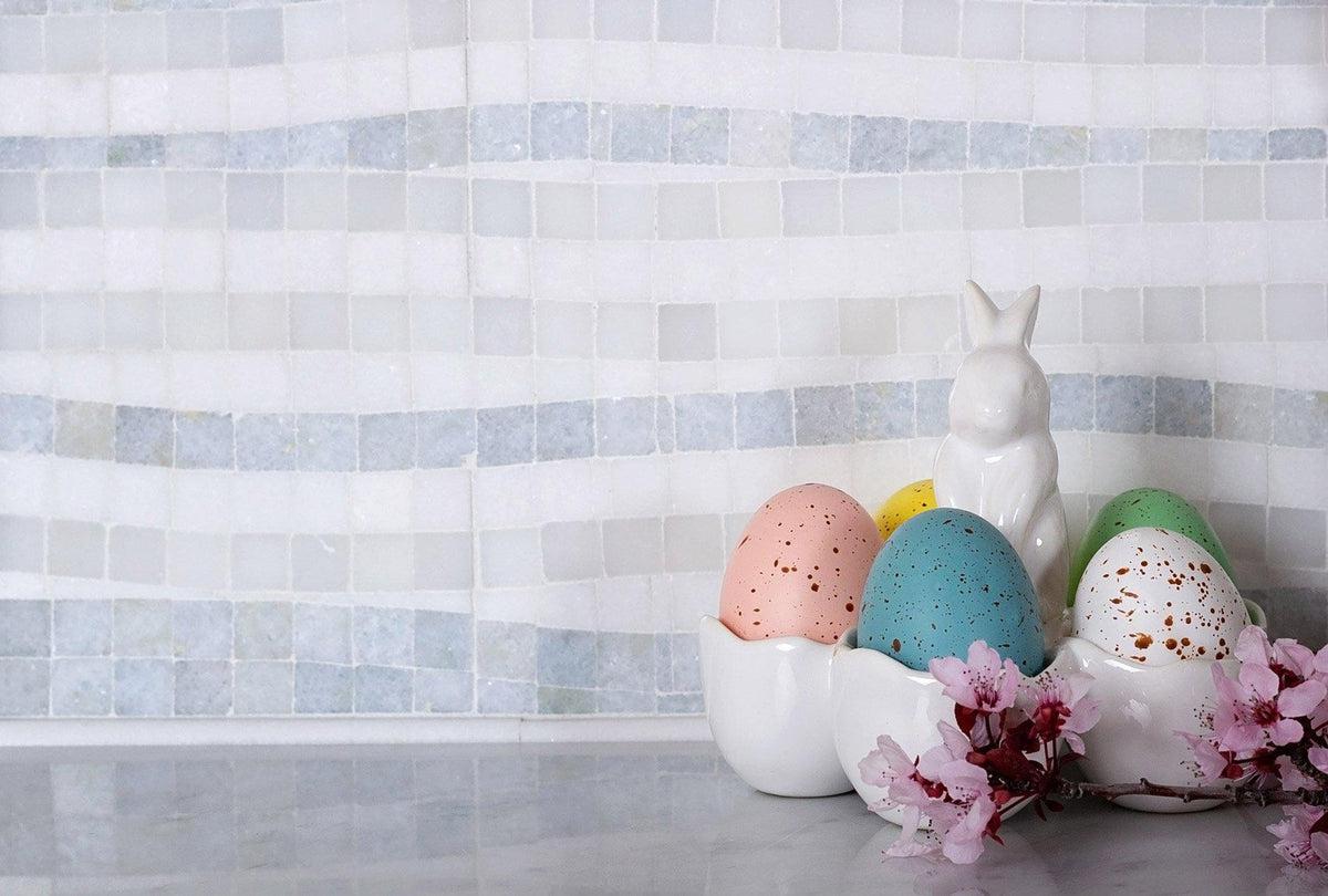 Waterfall Azul Cielo & Thassos Marble Mosaic Tile Polished | Tile Club