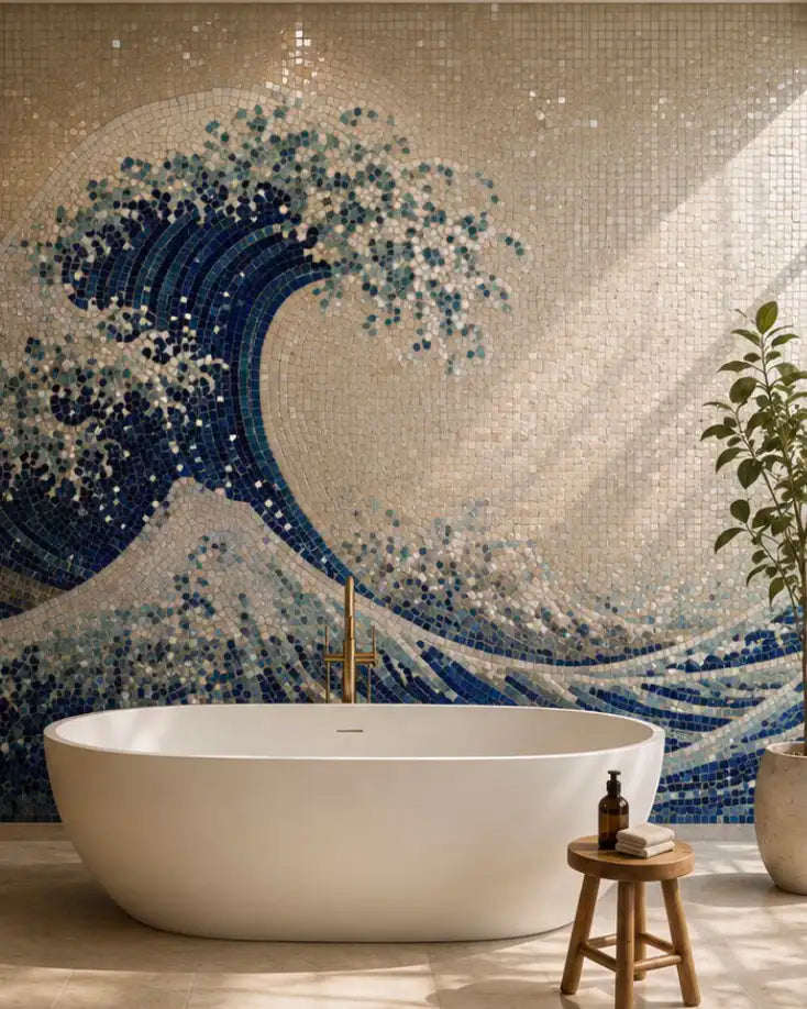 A large freestanding bathtub in a bathroom with a wall covered in a blue and white wave tiled mosaic design, resembling the Great Wave off Kanagawa. A small wooden stool with a bottle and soap sits beside the tub, and a potted plant is on the right.