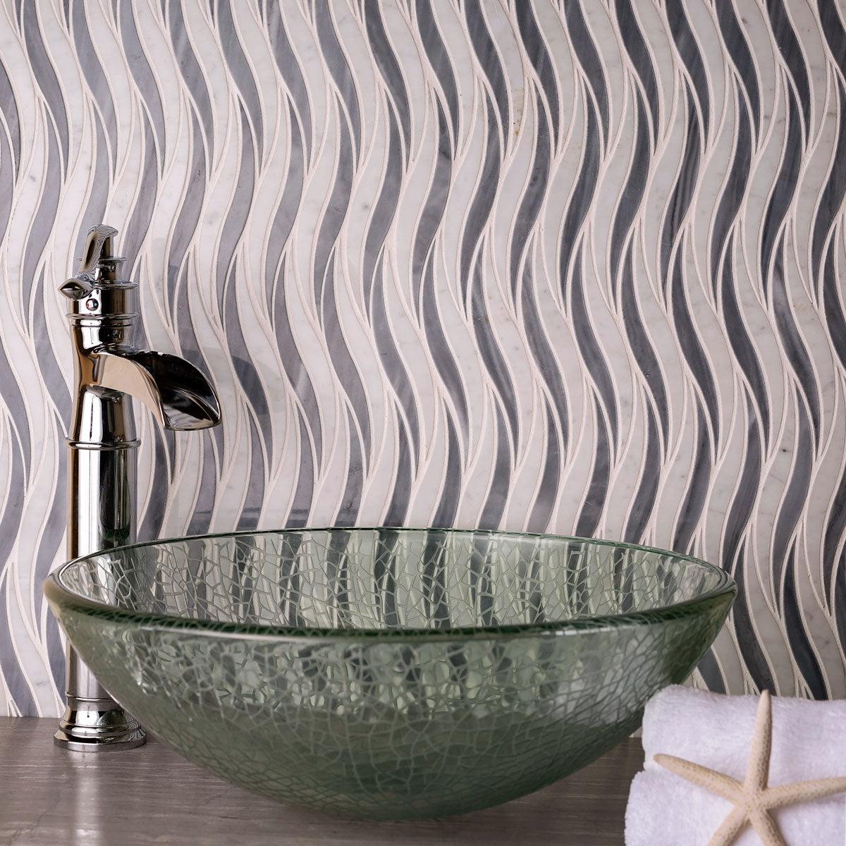 Waves Bardiglio & Carrara Marble Mosaic Tile Bathroom Vanity Backsplash Wall