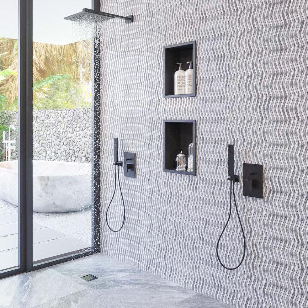 Shower with Waves Bardiglio Carrara Marble Mosaic Tile on the Decorative Walls