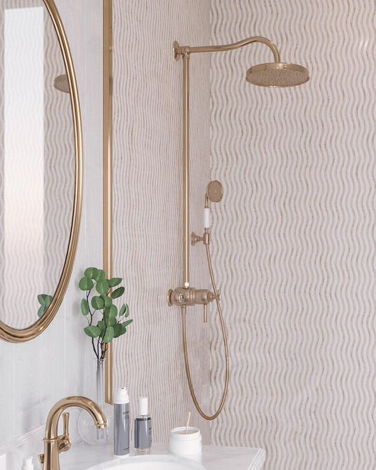 Waves Wooden Beige & Thassos Marble Mosaic Tile | Tile Club