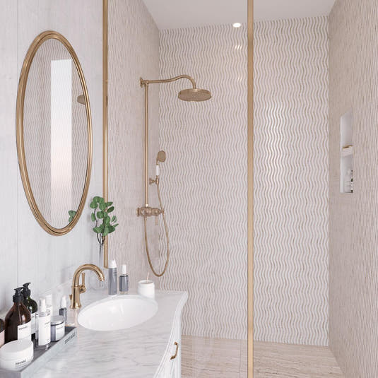 Waves Wooden Beige & Thassos Marble Mosaic Tile | Tile Club