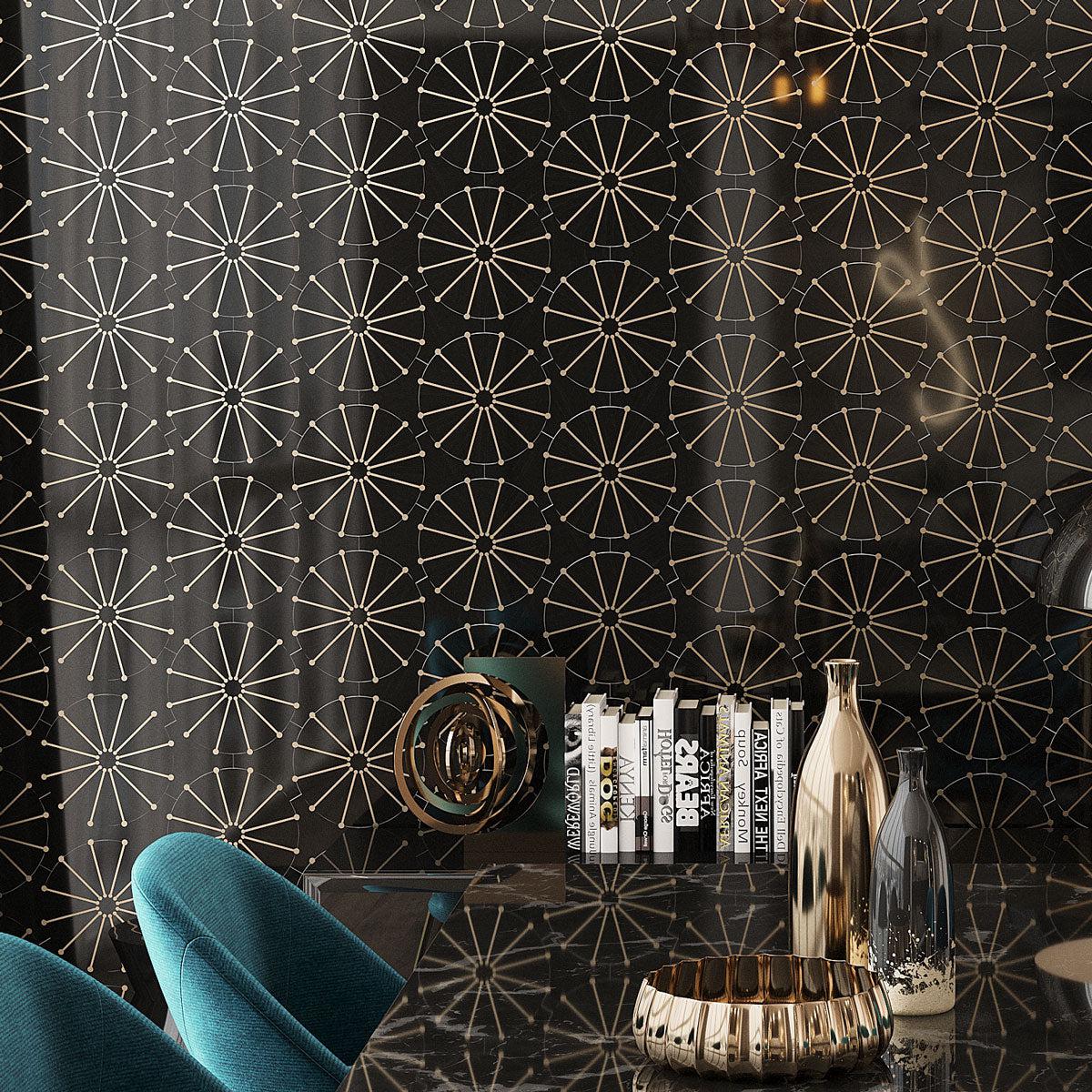 Wheel Deco Black Marble and Brass Inlay Mosaic Tile