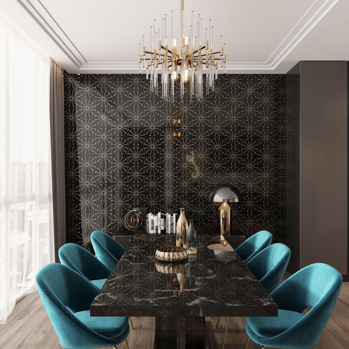 Luxury dining room with Wheel Deco Black Marble and Brass Inlay Mosaic Tile wall art