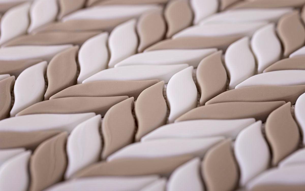 Recycled glass leaf pattern tile in white and beige
