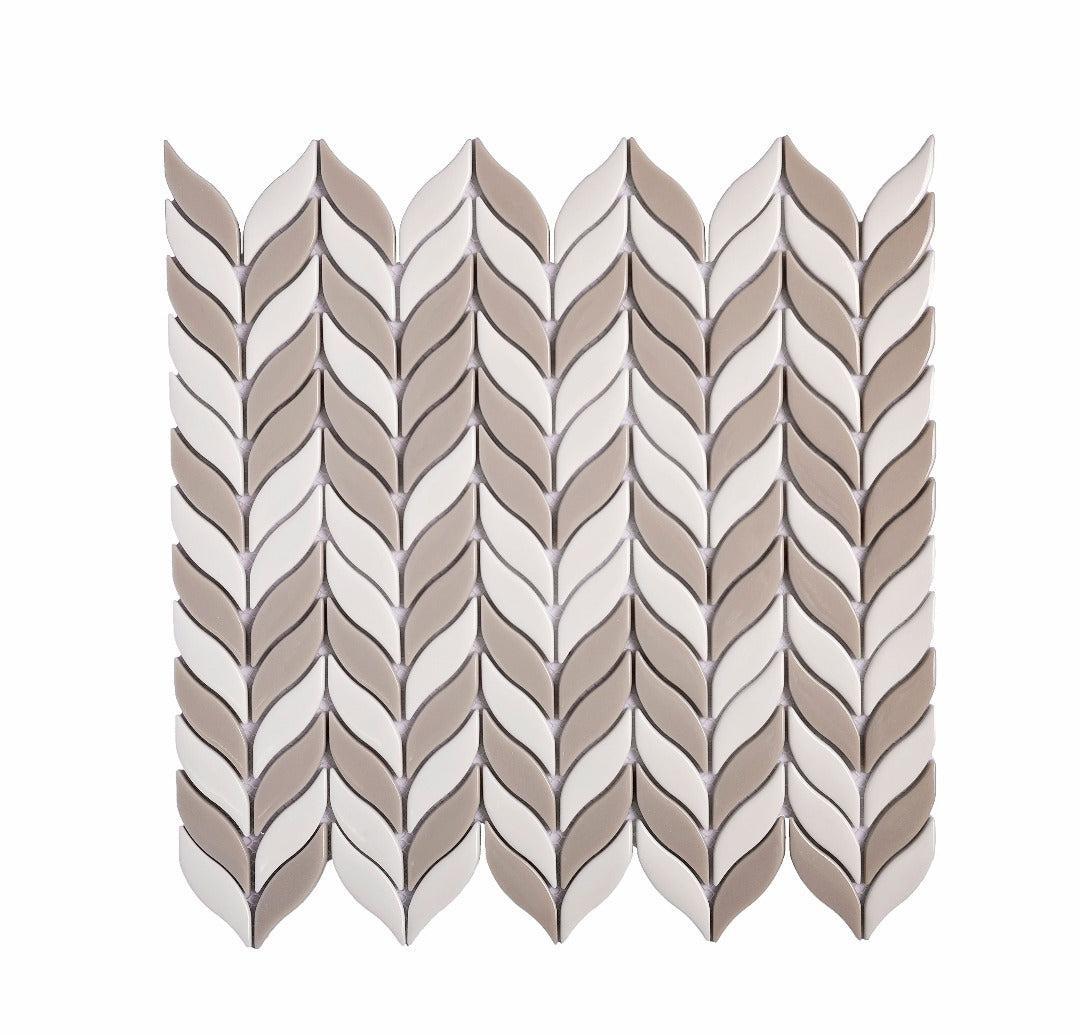 White and Beige Recycled Glass leaf mosaic tile
