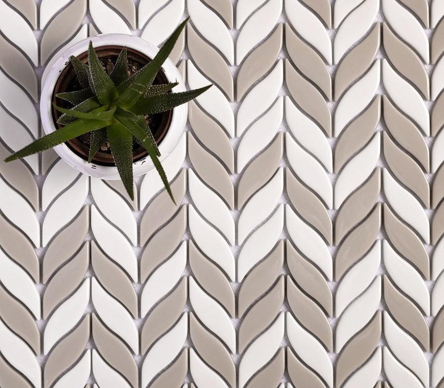 White And Beige Mix Leaf Recycled Glass Mosaic Tile