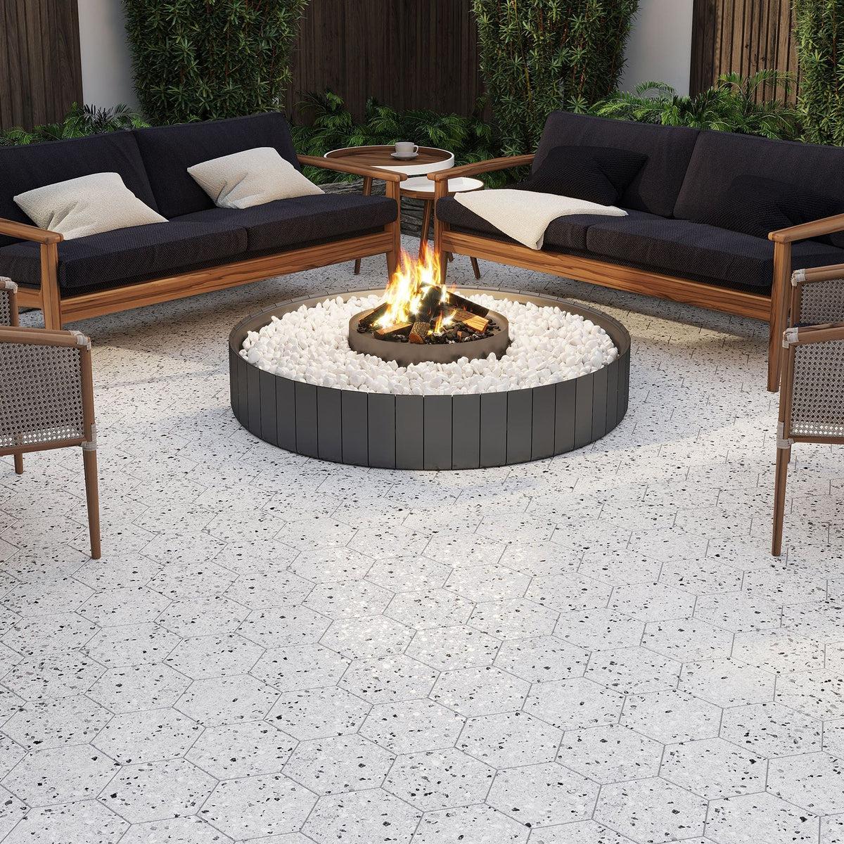 White and Black Terrazzo Hex Porcelain Tile | Tile Club