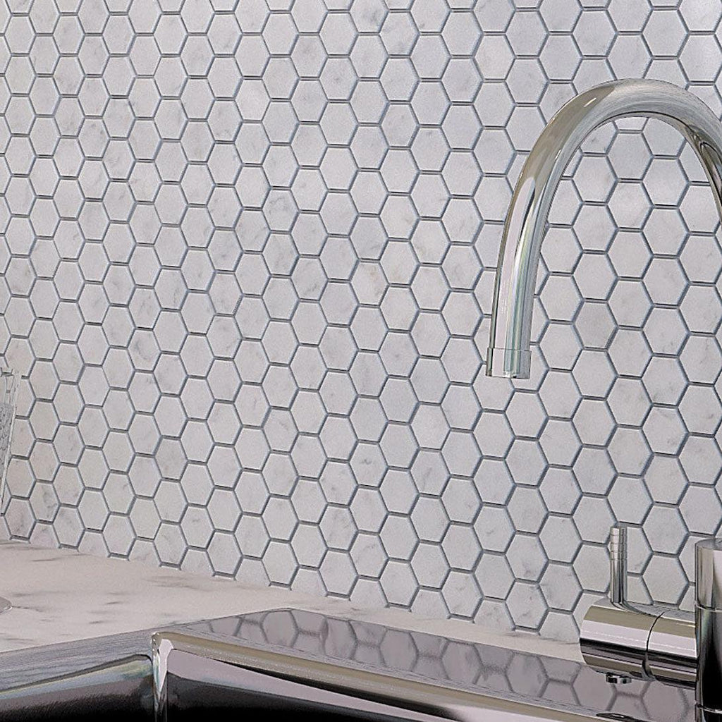 Backsplash with White Carrara Hexagon Polished Marble Mosaic Tile