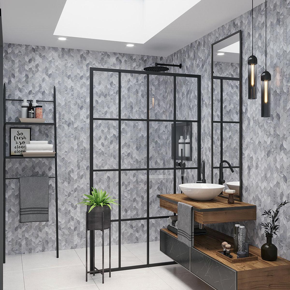 Modern Bathroom with Tiled Vanity Backsplash and Shower Walls in White Carrara Leaves mosaic tiles