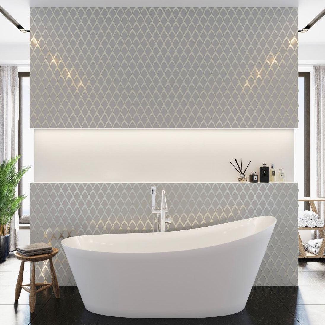 White Deco Fan Glass Mosaic Tile Bathtub Surround for an Elegant Vintage Bathroom