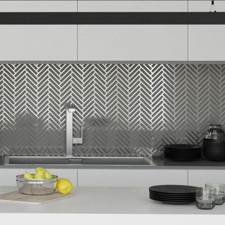 White Deco Herringbone Glass Mosaic Tile for a Sleek and White Kitchen