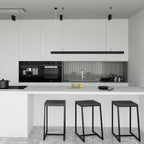 Modern Apartment Kitchen with a Patterned Frosted Glass Herringbone Tile Backsplash
