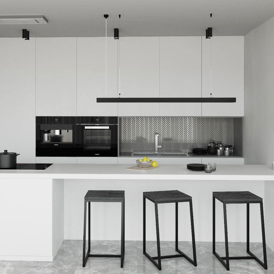 Modern Apartment Kitchen with a Patterned Frosted Glass Herringbone Tile Backsplash