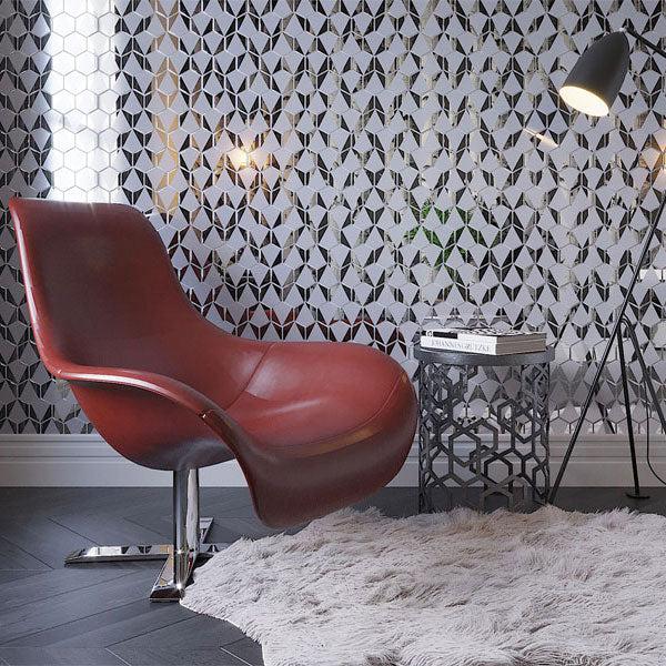Geometric Patterned Accent Wall with Glass Hexagon Tiles