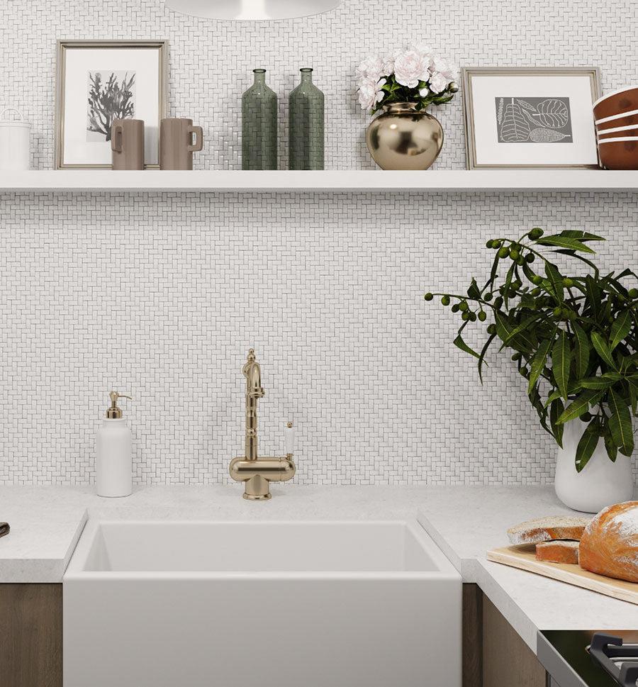 White Recycled Glass Basket Weave Backsplash Wall 