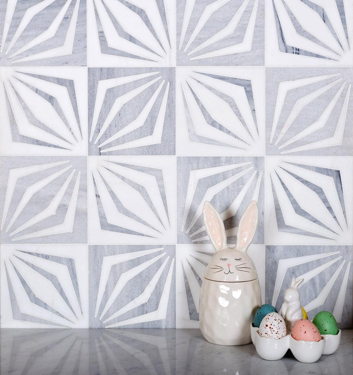12" x 12" White Striped Diamond Marble Mosaic Tile for decor