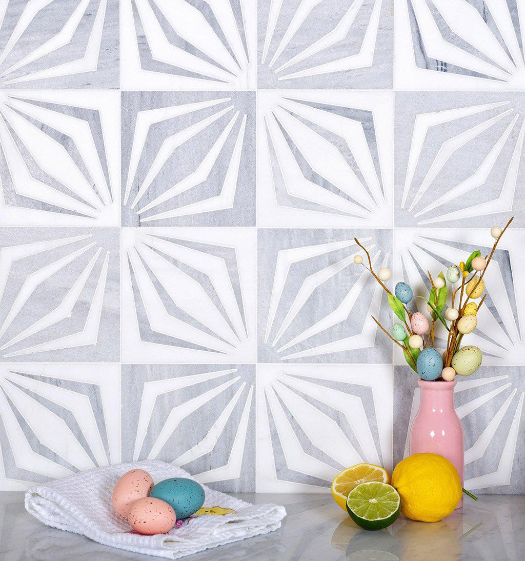 Aesthetic 12" x 12" White Striped Diamond Marble Mosaic Tile 