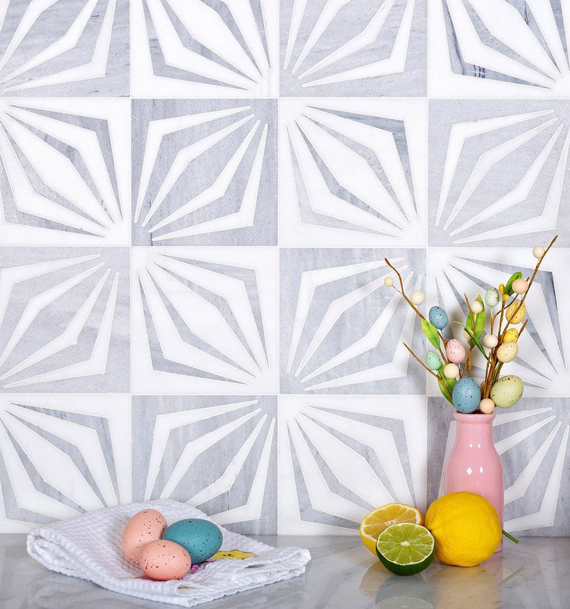 Aesthetic 12" x 12" White Striped Diamond Marble Mosaic Tile 