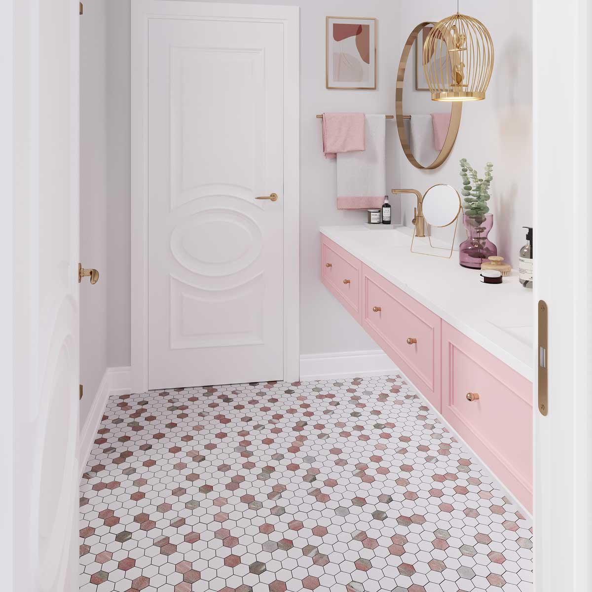 Norwegian Rose pink marble hexagon bathroom floor tiles