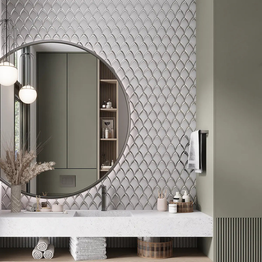 White Deco Fan Glass Mosaic Tile | Tile Club