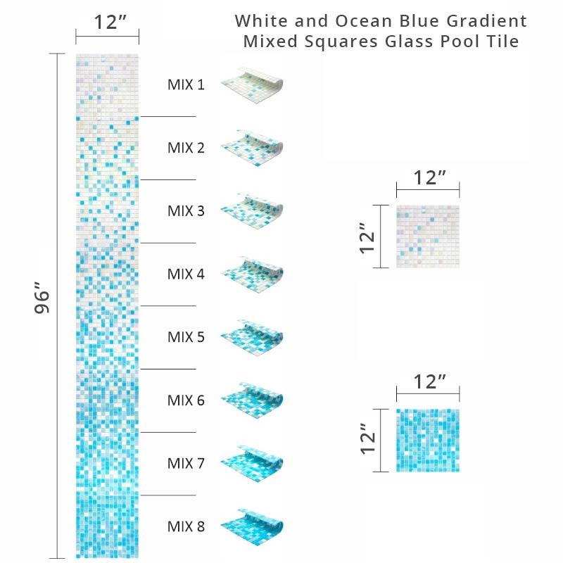 White and Ocean Blue Gradient Mixed Squares Glass Pool Tile | Tile Club