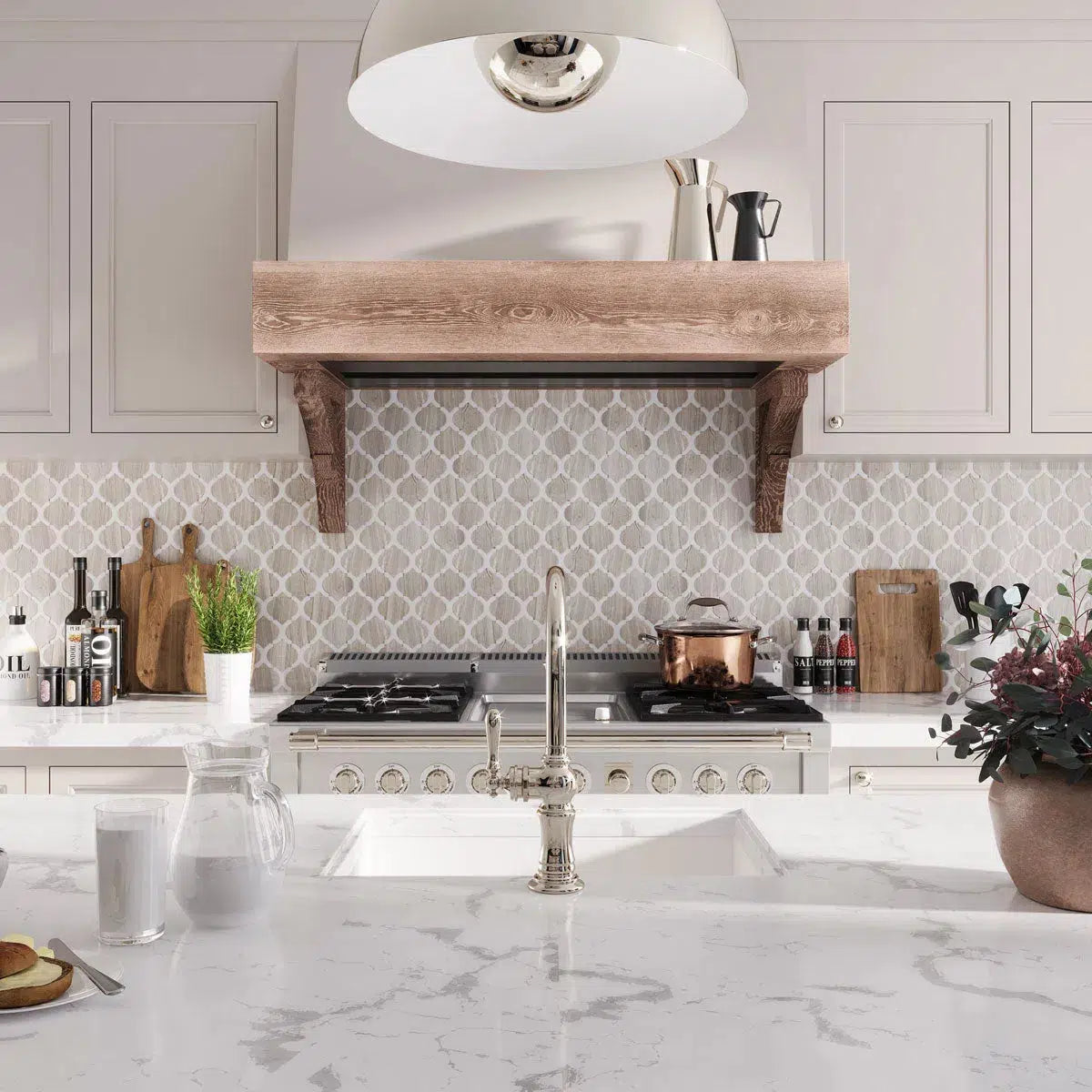 Neutral Kitchen with Wood Look Marble Arabesque tile backsplash