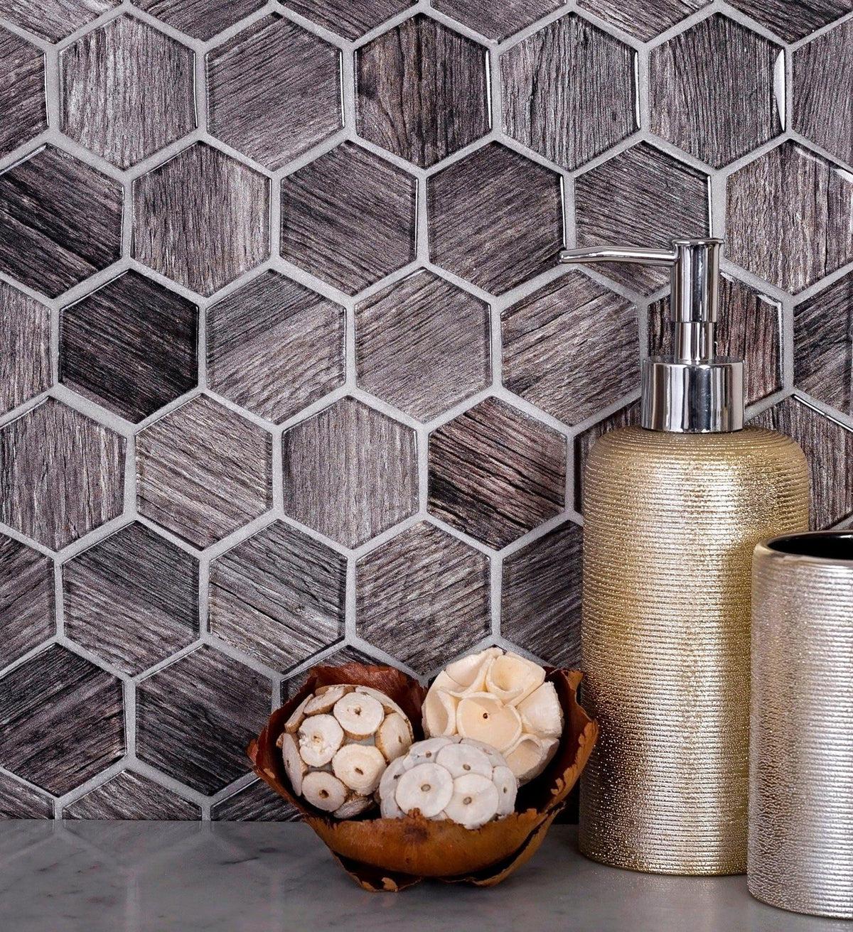 11.8" x 11.8" Wooden Glass Hexagon Mosaic Tile | Tile Club | Bathroom Hex Mosaic Tile