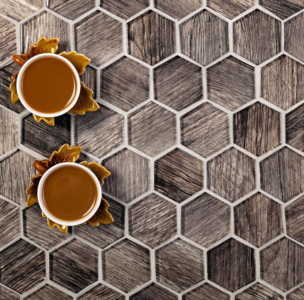Wooden Glass Hexagon Tile for product photography
