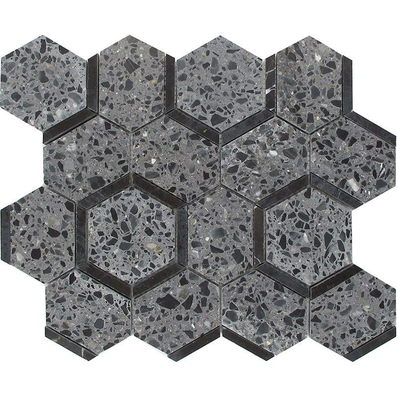 Black and Gray Terrazzo Hexagon Mosaic Tile Sample