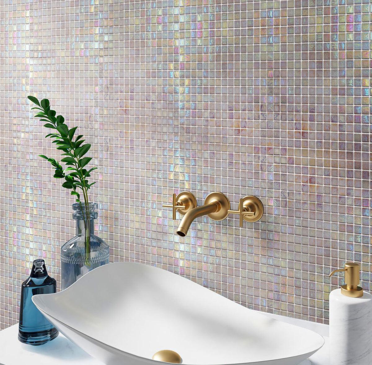 Bathroom backsplash covered with Abalone Pearl Squares Glass Pool Tile mosaic