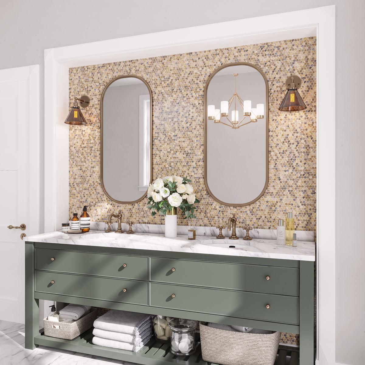 Neutral bathroom with glass penny tile backsplash and sage green vanity cabinets
