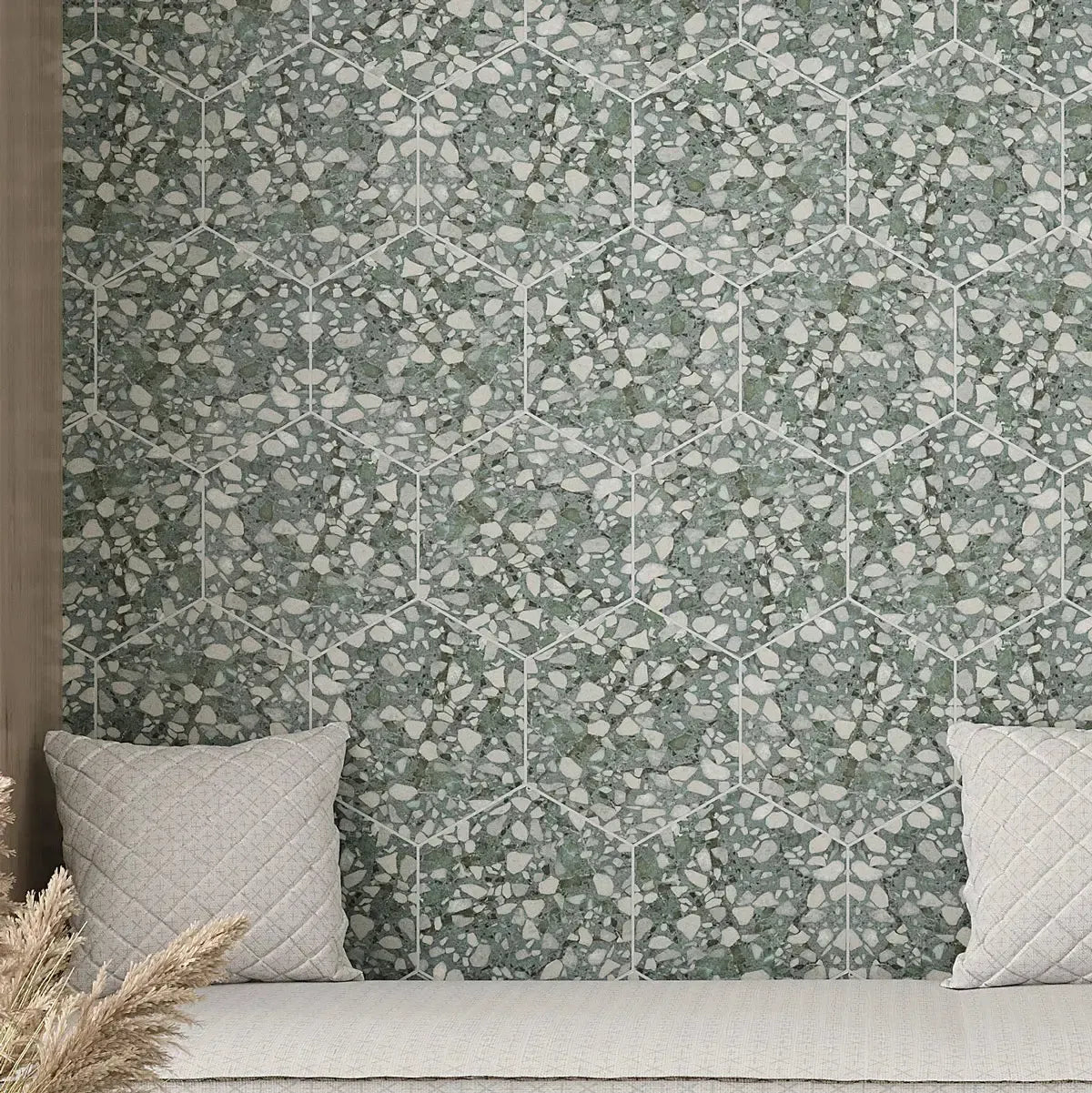 Agave Green Terrazzo Hex Porcelain Tile Accent Wall