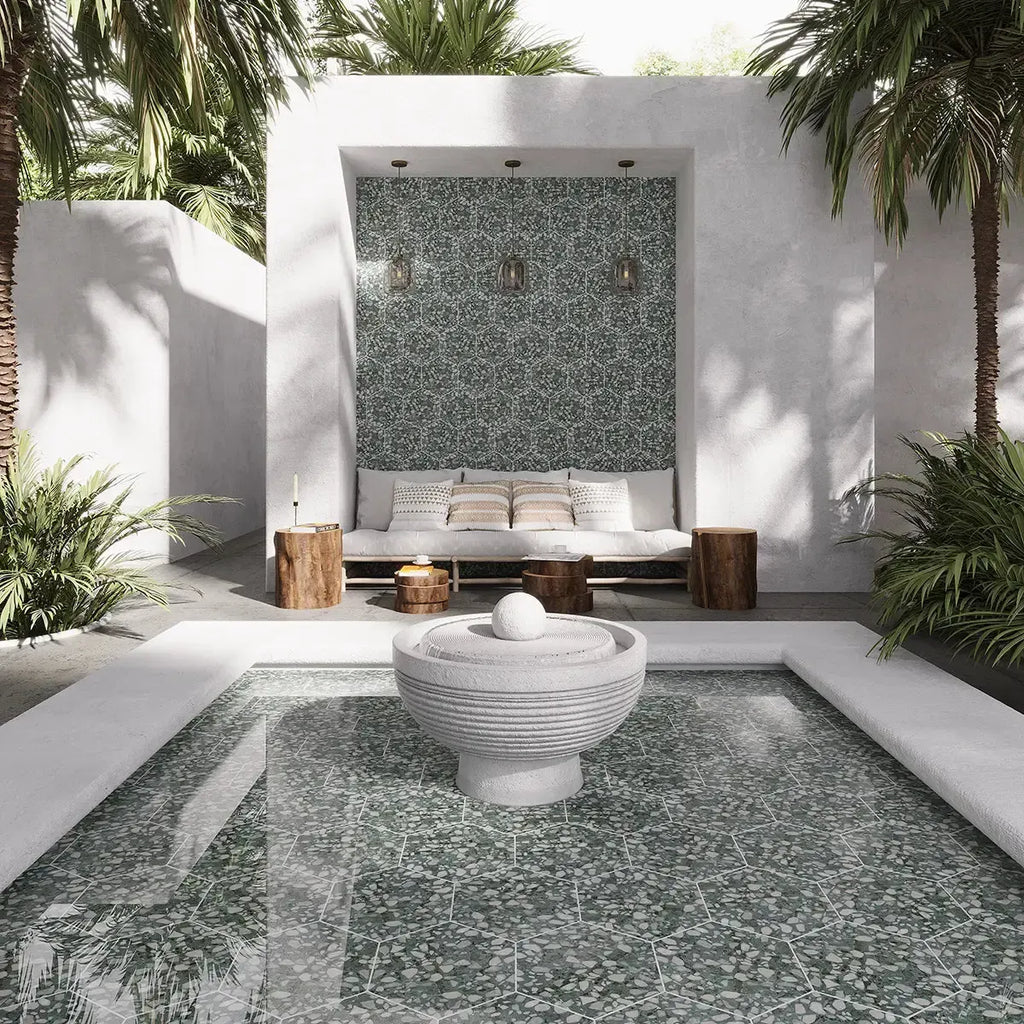 Agave Green Terrazzo Hex Porcelain Tile | Tile Club