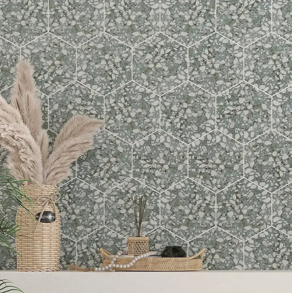 Agave Green Terrazzo Hex Porcelain Tile Accent Wall