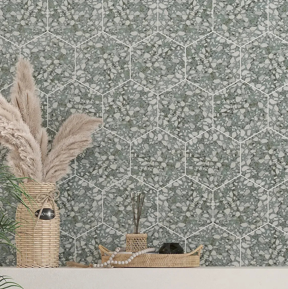 Agave Green Terrazzo Hex Porcelain Tile Accent Wall