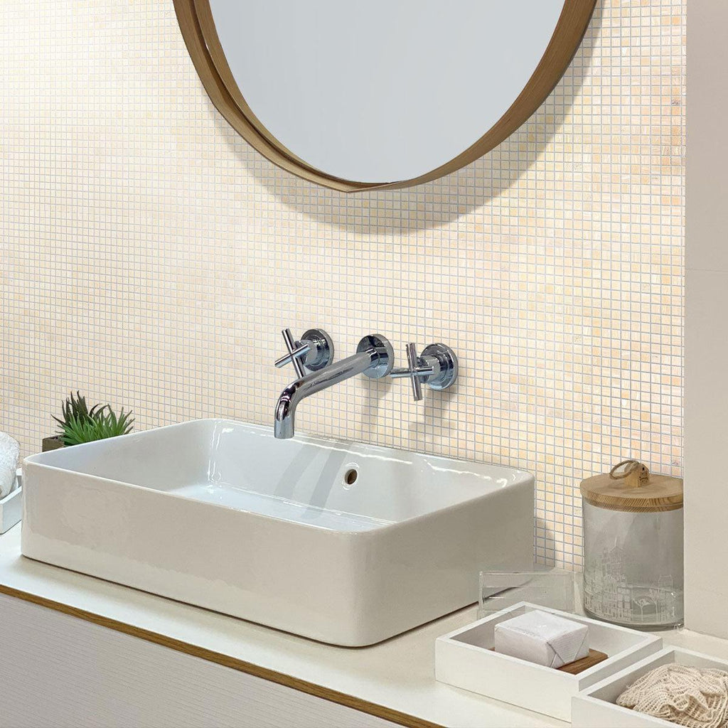 The Alabaster Cream White Squares Glass Tile exudes timeless elegance and sophistication