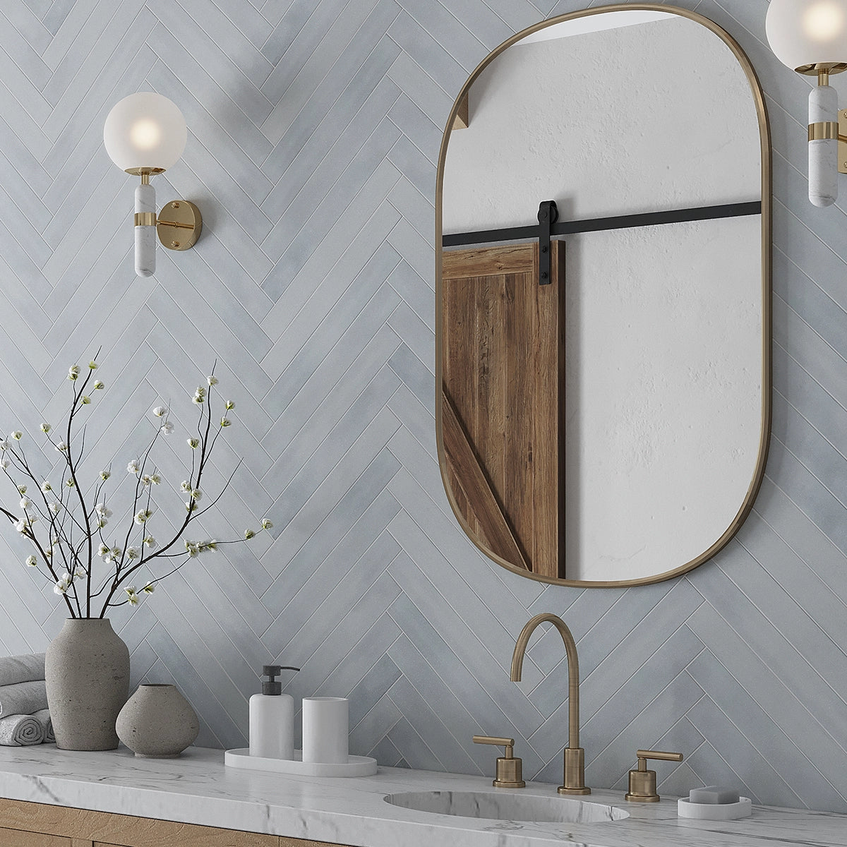 Alata Blue Porcelain Subway Tile 2x16 Herringbone Bathroom Wall