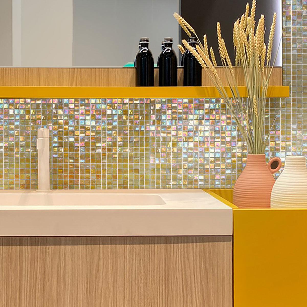 The bathroom shimmers with Amber Pearlescent Squares Glass Tile details