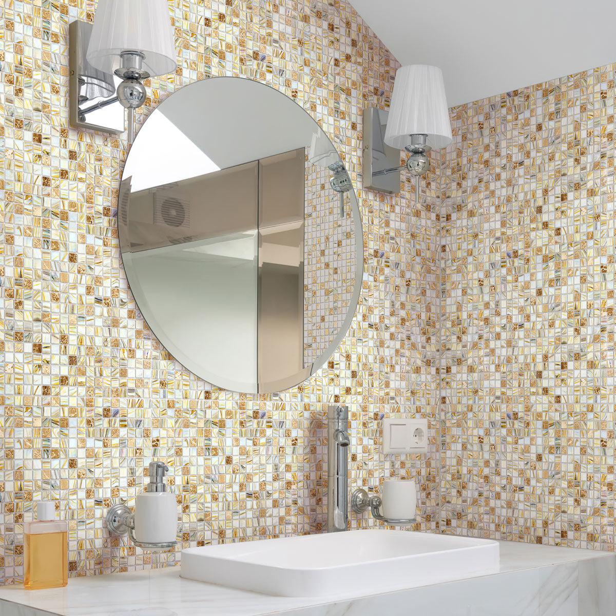 Amber Sedimentary Squares Glass Tile creates a natural and calming bathroom